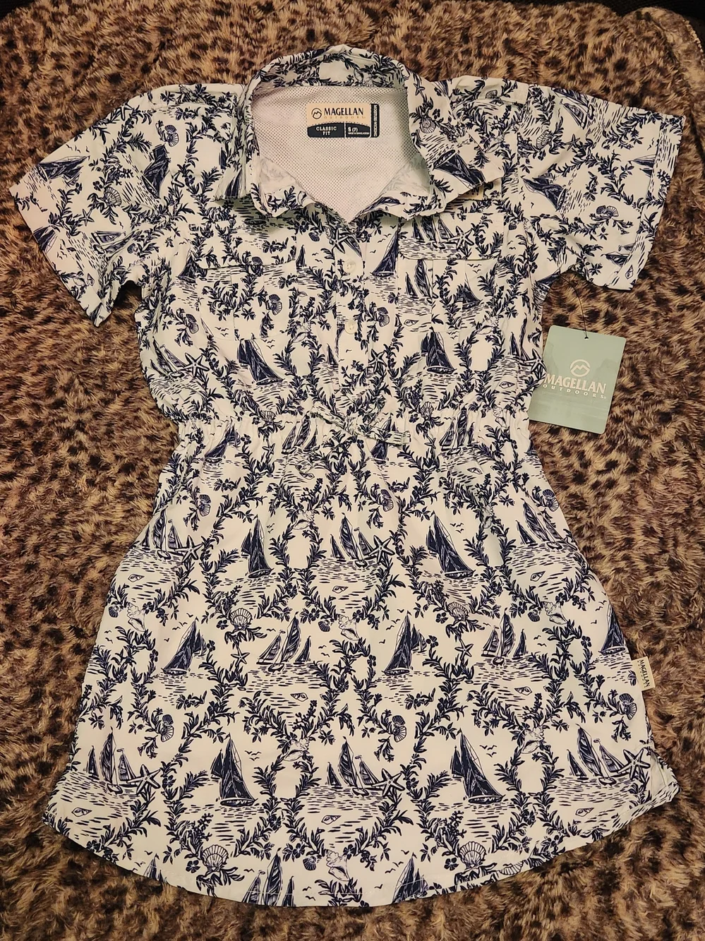 Magellan Outdoors Kids White & Navy Sailboat Print Polo Dress NWT Size S (7)